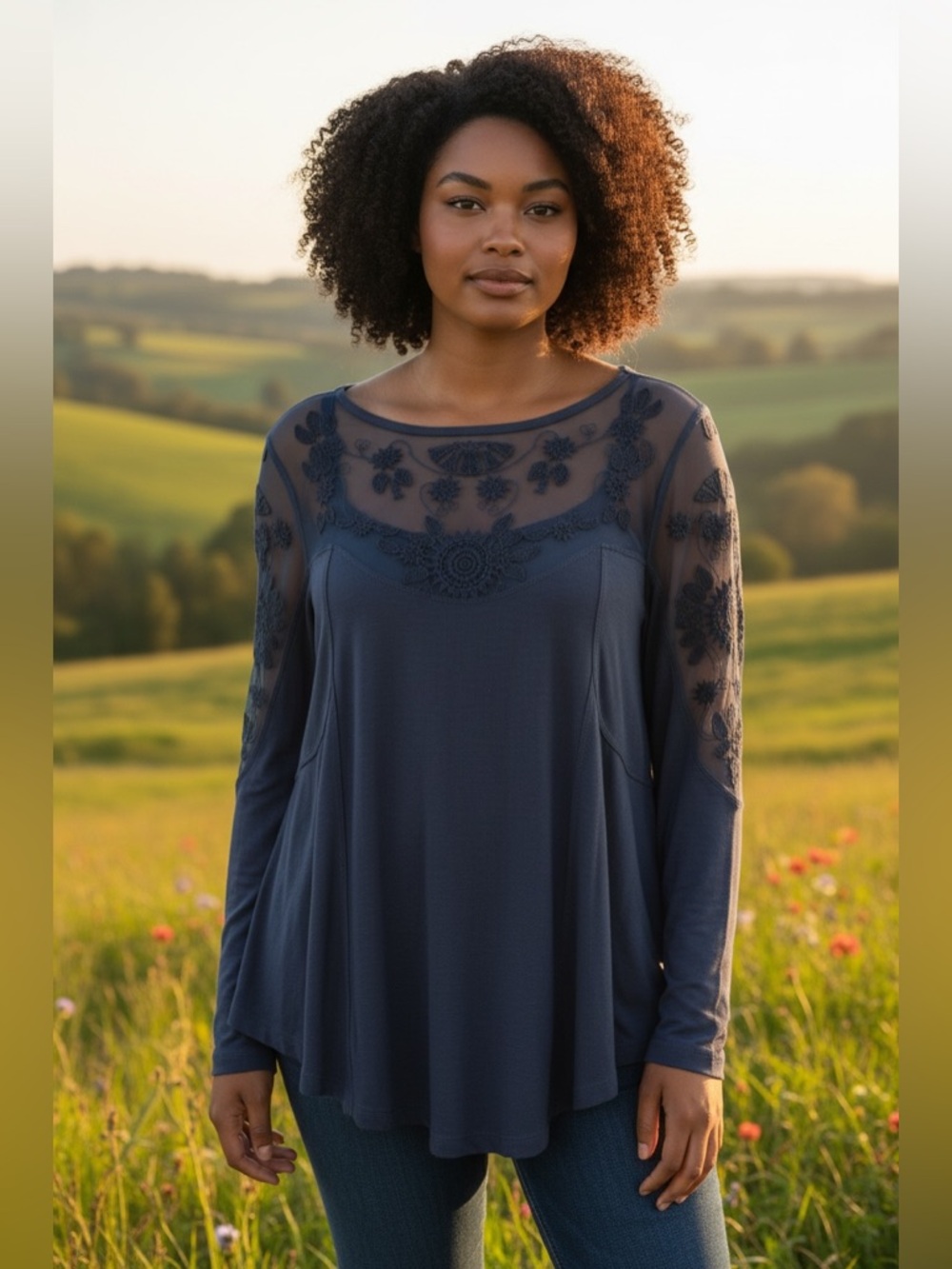 Free People Navy New Romantics Lace Embroidered Long Sleeve Whimsygoth Boho Top
